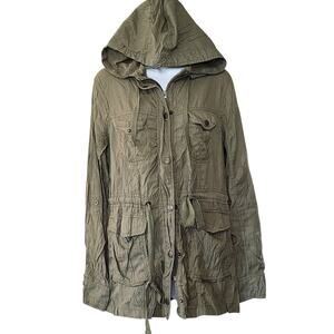 2b bebe Womens Lightweight Army Jacket Size M Green Hooded Zip Snap Front